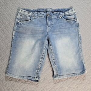 Paisley Sky Womens Blue Denim Bermuda Shorts Embroidered Pockets Light Wash 12